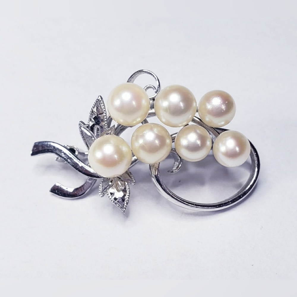 Sterling Silver Modernist 7 Pearl Swirl Style Brooch Pin